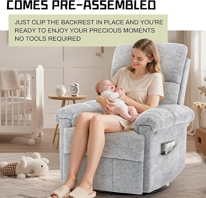 Recliner Chair, Swivel Rocker Recliner Chair for Adults, Small Recliners for Small Spaces, Manual Recliner Chair with Side Pockets, Nursery Rocking Chair for Living Room, Chenille, Silver Grey