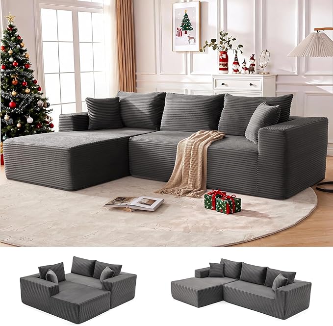 110” Cloud Sectional Couch, Boneless Sofa for Living Room, Modular Sectional Sofa with Deep Seat, Comfy Fluffy Couch with L-Shaped Chaise, No Assembly Required (Left-Facing Chaise, Dark Grey)