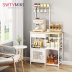 SWTYMIKI Coffee Bar with Hanging Rack - Farmhouse Coffee Stand Station Multi-Purpose Buffet Sideboard Cabinet with Drawers - Kitchen Bar Table for Living Room, Corner, Small Space, Natural