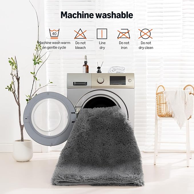 Amazon Basics Fluffy Washable Area Rug, Bedside Shaggy Carpet for Door Entryway, Living Room and Bedroom, 2' W × 3' L, Dark Gray