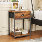 Furologee End Table with Storage Shelf and Fabric Drawer, 2 Tiers Industrial Nightstand, Bedside Table Organizer for Living Room Bedroom, Rustic Brown, Easy Assembly