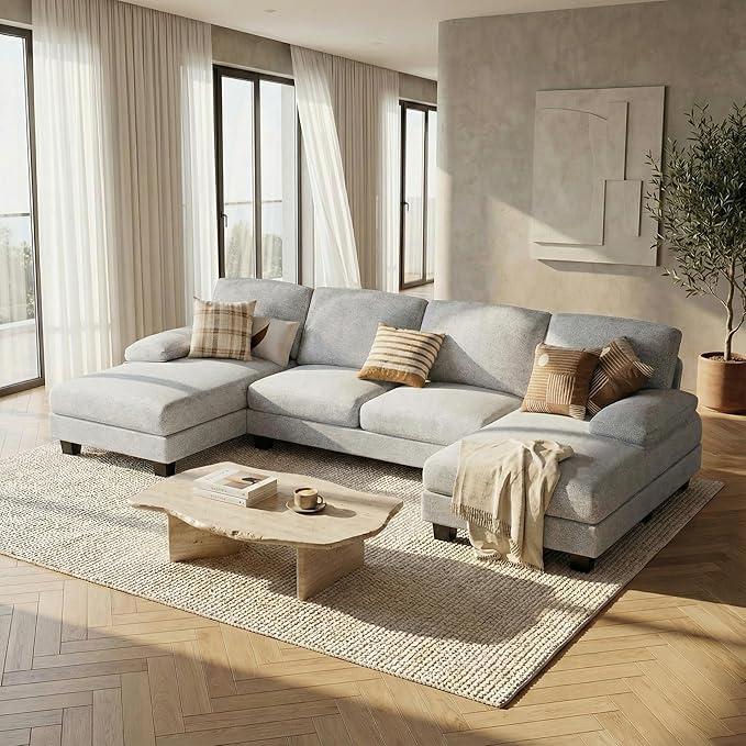 Homall Modular Sectional U Shaped Sofa Couches for Living Room, Comfy Linen Fabric 4 Seat Sofa Set with Removable Pillows, Lounge Chaise Upholstered Couch for for Apartment (Loop Yarn, Pearl Gray)