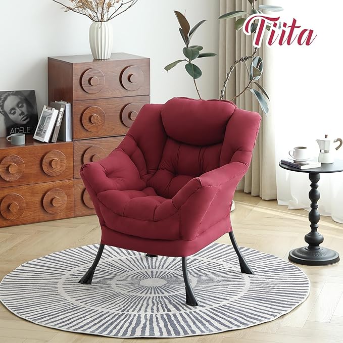 Tiita Lazy Chair, Red Modern Large Accent Armchair, Comfy Leisure Sofa Reading Chair for Bedroom, Living Room, Dorm Rooms, Garden and Courtyard, Red