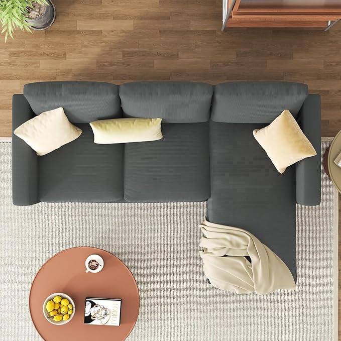 JAMFLY 3-Seat Convertible L-Shaped Sectional Sofa with Reversible Ottoman, Upholstered Fabric Couch for Small Living Rooms, Modern Modular Couch for Apartment, Studio & Loft, Grey