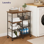 SWTYMIKI Kitchen Island Cart on Wheels - 28.35x14.57in Rolling Kitchen Table Cart with Storage Shelves, 6 Removable Hooks& Locking Casters, Coffee Bar Cabinet for Dining Room Pantry Office, Espresso