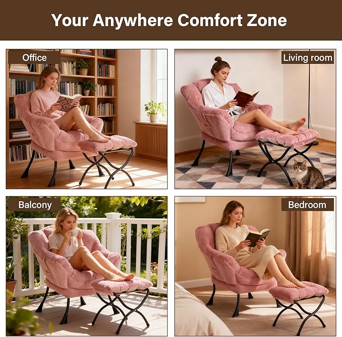 Welnow Lazy Chair with Ottoman, Modern Accent Chair with Armrests and a Side Pocket, Leisure Sofa Armchair Set, Reading Armchair with Footrest for Small Space, Plush Dark Pink