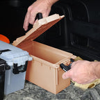 Sheffield 12627 Ammo Storage Box, Stackable .30 Cal Field Boxes, Water and Dust Resistant, Lockable Storage Box with Handle, Secures Hunting Gear, Supplies, and Bullets, Made in USA, Tan, 1-Pack