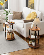Small Round Side Table - 3-Tier Oval Accent Table for Small Spaces, Rustic Wood and Metal Couch End Table, Nightstand for Bedroom or End Table Living Room, Easy to Assemble, Rustic Walnut