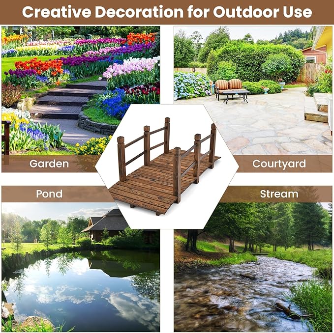 HAPPYGRILL 5FT Wooden Garden Bridge, Decorative Pond Landscaping Bridge with Classic Arc Footbridge & Double Safety Railings, Garden Bridges for Outdoors, Backyard, Garden Farm (Brown)