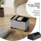 Storage Ottoman Cube with Small Bin, 16-in Square Ottoman with Storage for Living Room and Bedroom, Small Ottomans Foot Rest, Leather Foot Stools Ottomans Max 330lbs, Light Grey