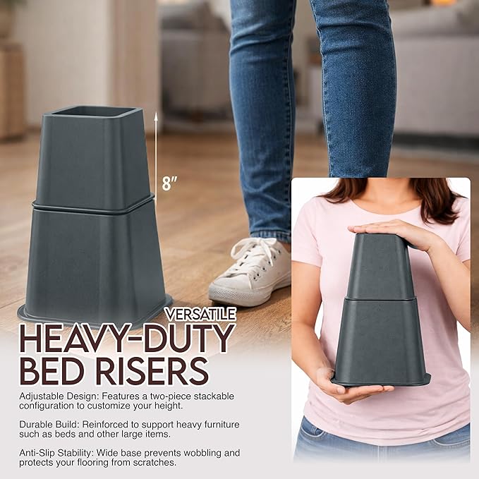 Utopia Bedding Bed Riser, 3 & 5 Inches Adjustable Furniture Risers for 8 Inch Combined Furniture Lift, Under Bed Storage & Dorm Room Essential, Supports Up to 1,300 lbs (4 Set, Grey)