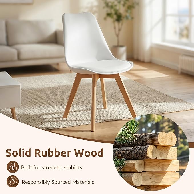 Dining Chairs Set of 8, Modern Upholstered Dining Room Chairs with PU Leather Padded Seat, Armless Kitchen Chairs with Curved Backrest and Solid Wood Legs for Dining Room, Kitchen, Apartment, White