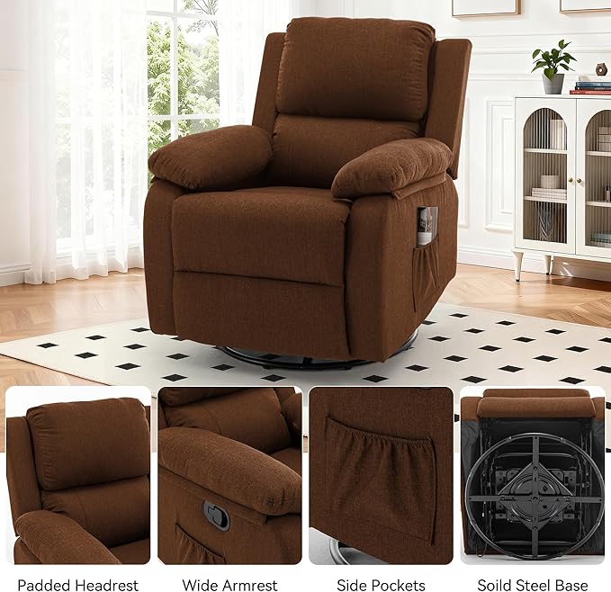 Recliner Chair, 360 Swivel Rocker Chair for Adults, Small Rocking Recliner for Small Spaces, Upholstered Fabric Glider Recliner Nursery