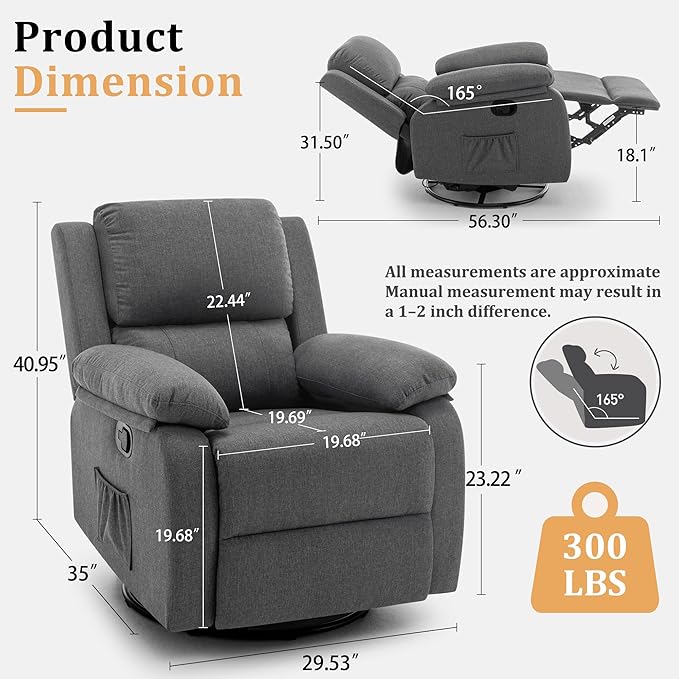 Recliner Chair, 360 Swivel Rocker Chair for Adults, Small Rocking Recliner for Small Spaces, Upholstered Fabric Glider Recliner Nursery (Swivel Rocker Recliner, Grey)