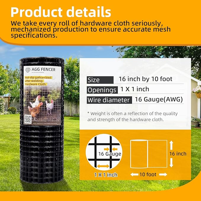 16in x 10ft Black Hardware Cloth 1 inch 16Ga PVC Coated Wire Mesh Vinyl Coated Fence, Welded Metal Chicken Wire Fencing Roll, Garden Plant Fencing, for Chicken Coop and Home Improvement