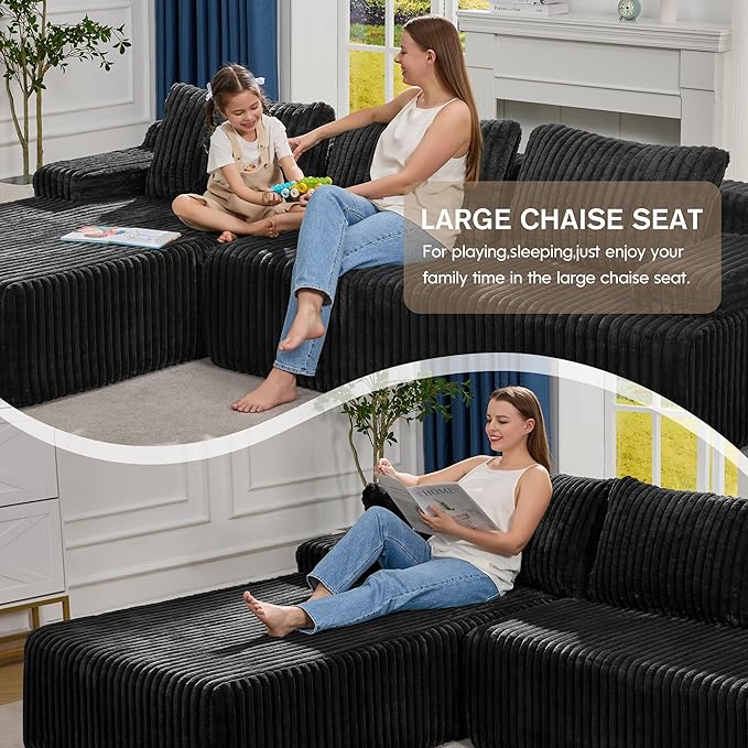 Modular Sectional Sofa Couches L-Shape Couch 3 Seat Modular Sofa Memory Foam Sectional Couches for Living Room, Cloud Couch with Oversized Chaise (Black Stripe, 108" Left Facing Chaise)