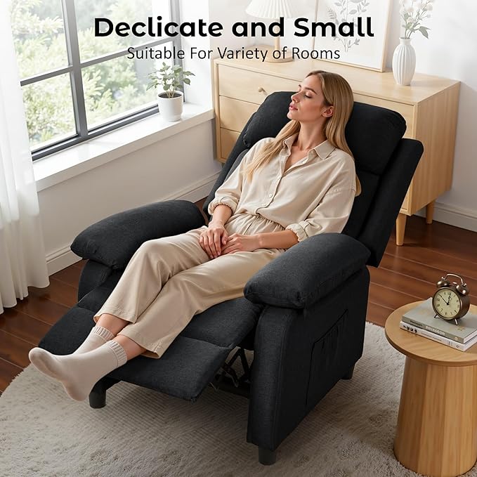 Recliner Chair, Reading Chair for Adults with Side Pockets, Recliners with Padded Deep Seat, Small Recliners for Small Spaces, Linen Fabric Comfy Chair for Bedroom, Living Room, and RV