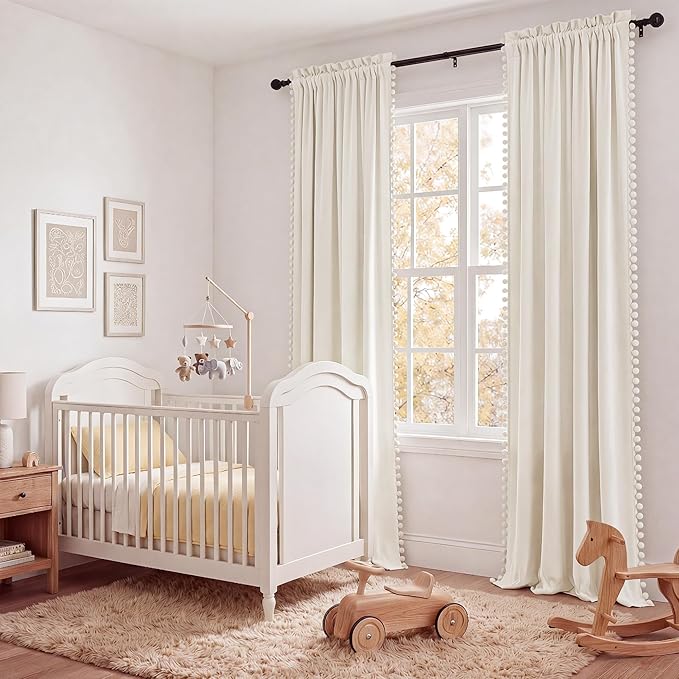 NICETOWN Cute Pom-Pom Trim Velvet Curtains 8 ft Long, Ivory White – Delicate Light Filtering Drapes Beautiful Lovely Home Decor for Baby, 52" W x 96" L, 2 Panels