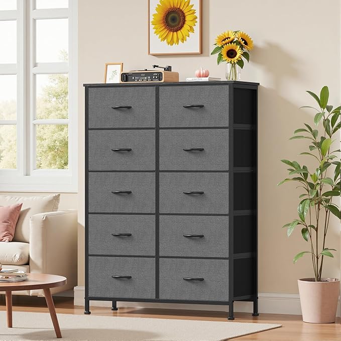 Dresser for Bedroom with 10 Drawers, Anti-Tip Tall Fabric Chests Storage Organizer Tower Furniture with Wooden Top Metal Frame for Clothes, Closet, Living Room, Hallway, Entryway