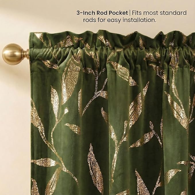 NICETOWN Leaf Patterned Green Velvet Curtains 96 inches Long 2 Panels Gold Foil Printed - Room Darkening Drapes for Living Room, Thermal Insulated Soft Luxury Home Decor for Bedroom, W50 x L96