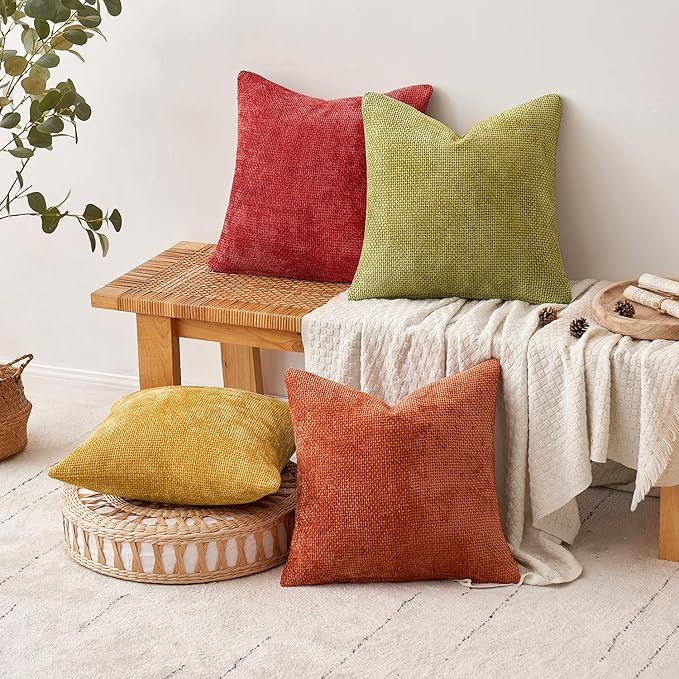 MIULEE Pack of 4 Burnt Orange Couch Throw Pillow Covers 20x20 Inch Yellow Green Soft Decorative Chenille Pillows Farmhouse Accent Cushions for Boho Home Decor Spring Sofa Bedroom Living Room