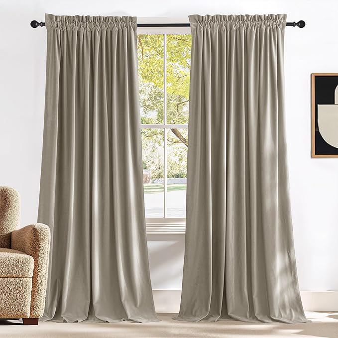 NICETOWN Camel Velvet Curtains 84 Inch Long 52 Wide, Room Darkening Drapes for Bedroom and Living Room Farmhouse Style Window Treatment for Apartment - Room Darkening Energy Saving