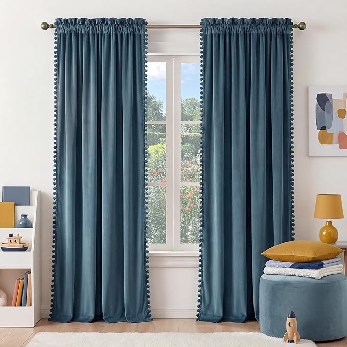 NICETOWN Pom Pom Slate Blue Velvet Curtains 96 Inch Long for Living Room and Bedroom – Room Darkening Drapes Sophisticated Soft Window Treatments, 52" W x 96" L, 2 Panels