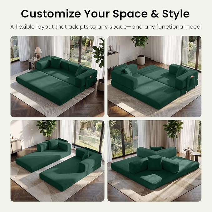 78.8" Convertible Sofa Bed,Corduroy Futon Couch with Storage Pocket,Folding Pull Out Futon Sofa,No Assembly Boneless Couch for Living Room, Emerald Green | Convertible Sofa Bed, Boneless Couch, sofa for living room, sleeper sofa, modular sofa