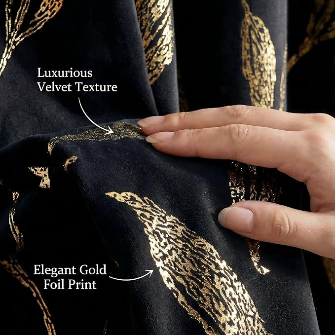 NICETOWN Black Velvet Curtains 2 Panels with Gold Foil Leaf Print – Modern Glam Black and Gold Drapes for Living Room, Luxury Room Darkening Window Treatments for Bedroom & Gothic Decor (50W x 84L)