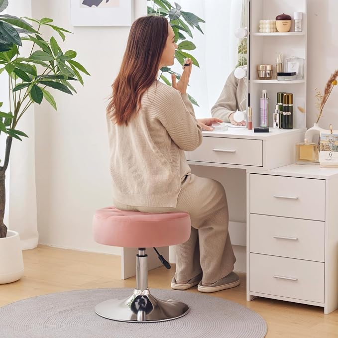 Furniliving Mid-Century Velvet Tufted Makeup Ottoman Stool, 360° Swivel Adjustable Vanity Stool Modern Big Size Vanity Chair Stools for Living Room Bedroom Bathroom, Pink