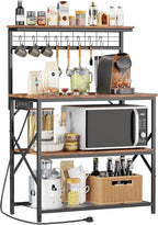 Furologee Kitchen Bakers Rack with Power Outlet,Coffee Stand with Storage 4 Tiers,Coffee Bar Station with a 31.5 Inch Larger Desktop and 8 S Hooks,Kitchen Microwave Rack for Spices,Pots,Rustic Brown