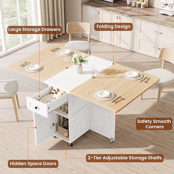 Space Saving Folding Dining Table for 4, Farmhouse Foldable Dining Table with Drawer and Storage Shelf, 6 Wheels Multipose Expandable Kitchen Drop Leaf Table for Small Space (Pear Wood White)