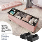 Storage Ottoman Bench with Bins, 43-in Storage Bench for Bedroom End of Bed, Folding Foot Rest Ottoman for Living Room Max 660lbs, Leather Ottomans, Pink