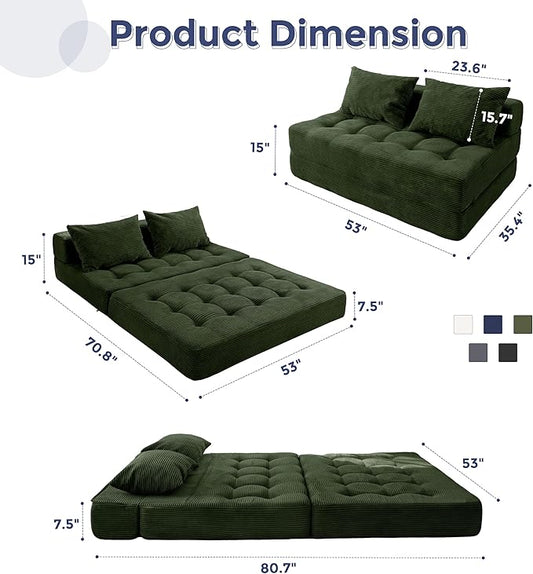 MAXYOYO Folding Sofa Couch, Convertible Floor Sleeper Couch with 2 Pillows, Tufted Floor Loveseat Couch Tufted Fold Out Chair Bed Comfy Sofa Lounge for Living Room Bedroom, Dark Green