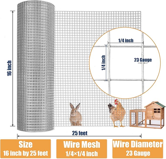 1/4inch 16Inch（H） x25Ft（L） 23 Gauge Mental Mesh Roll Hardware Cloth Chicken Fence Powder Coated Galvanized Welded Fence for Poultry Cage Home Improvement Projects