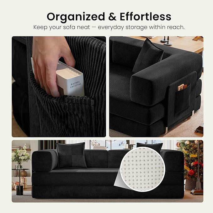 78.8" Convertible Sofa Bed,Corduroy Futon Couch with Storage Pocket,Folding Pull Out Futon Sofa, No Assembly Boneless Couch for Living Room,Black