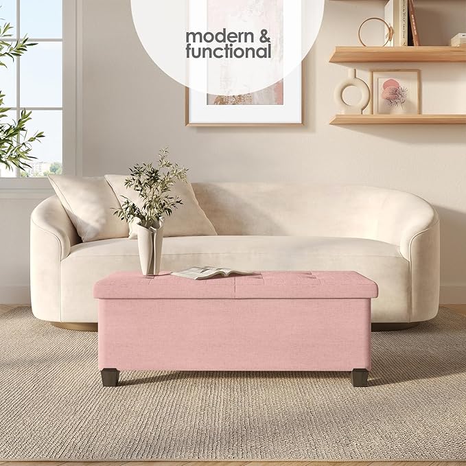Storage Ottoman Bench with Bins, 43-in Storage Bench for Bedroom End of Bed, Folding Foot Rest Ottoman for Living Room Max 660lbs, Fabric Ottomans, Pink