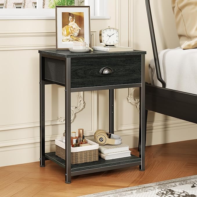 Furologee Nightstands Set of 2, Industrial End Table with Fabric Drawer&Storage Shelf, Small Bedside Table Organizer for Small Space for Living Room, Tall 23.6" Night Stand for Bedroom, Black Oak