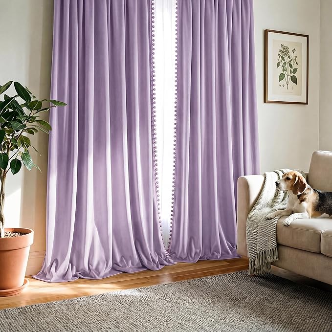 NICETOWN Lilac Purple Velvet Curtains 96 Inch Length (2 Panels) – Pom Pom Room Darkening Drapes for Nursery & Kids Room, Thermal Insulated Soft Window Treatments Whimsical Charm Decor