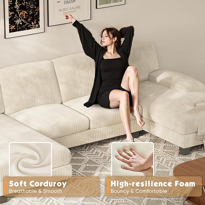 Homall Modular Sectional U Shaped Sofa Couches for Living Room, Comfy Chenille 4 Seat Sofa Set with Removable Pillows, Lounge Chaise Upholstered Couch for for Apartment (Corduroy, Light Beige)