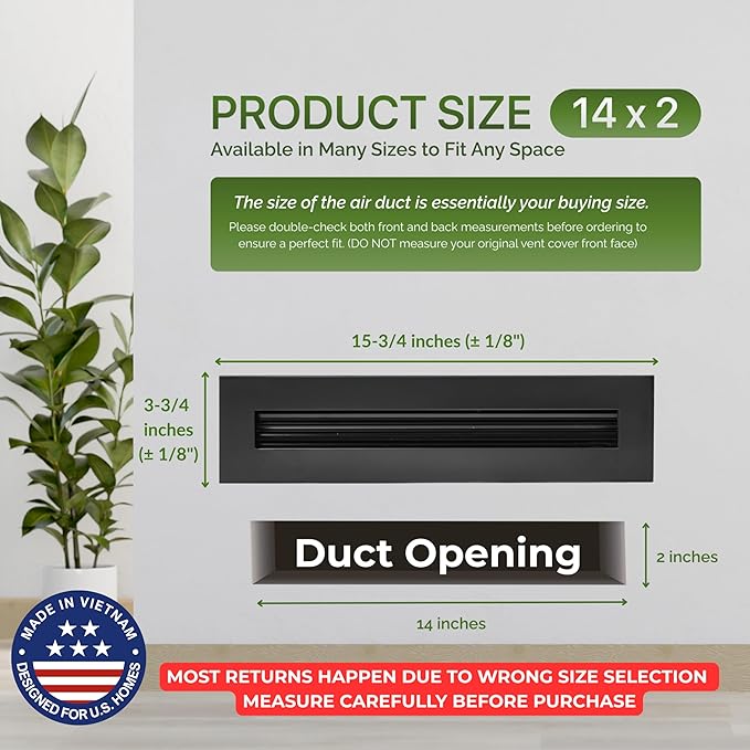 Modern Air Vent Cover 14x2 (Duct Opening) - Decorative Black Aluminum Linear Slot Diffuser for Wall, Ceiling, Floor Register - Quiet Operation HVAC Grille for Home with Adjustable Airflow