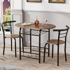 JUMMICO 3-Piece Wooden Round Table & Chair Set, Space Saving Kitchen Breakfast Nook Wood Grain Tabletop with Metal Frame and Built-in Wine Rack for Kitchen, Dining Room (Brown/Black)