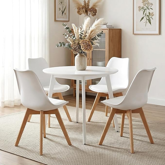 CangLong Dining Chairs Set of 4, Mid Century Modern Kitchen and Dining Chair, Soft Padded Dining Desk Chairs with Wood Legs, for Kitchen, Dining, Living Room & Bedroom, White