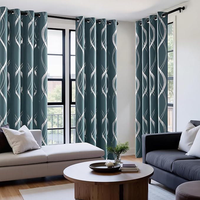 NICETOWN 100% Blackout Curtains Panels for Living Room, Greyish Blue, 52" Wide x 84" Long, 2 Panels, Sound Reducing Thermal Insulated Wave Line Foil Print Design Curtains for Patio Sliding Glass Door