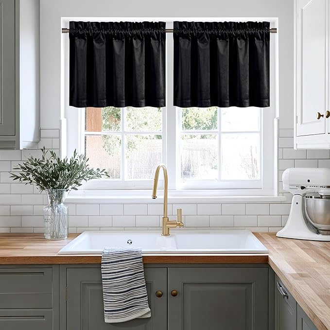 NICETOWN Black Velvet Valance Curtains for Windows 16 inch Length, Kitchen Window Treatment Room Darkening, W52 x L16, 1 Panel