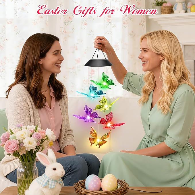 Easter Basket Stuffers Gifts for Her Mom Grandma, Birthday Gardening Gifts for Women, Winzwon Solar Lights Outdoor Wind Chimes for Garden Yard Patio Porch Decor Hanging Butterfly Decorations
