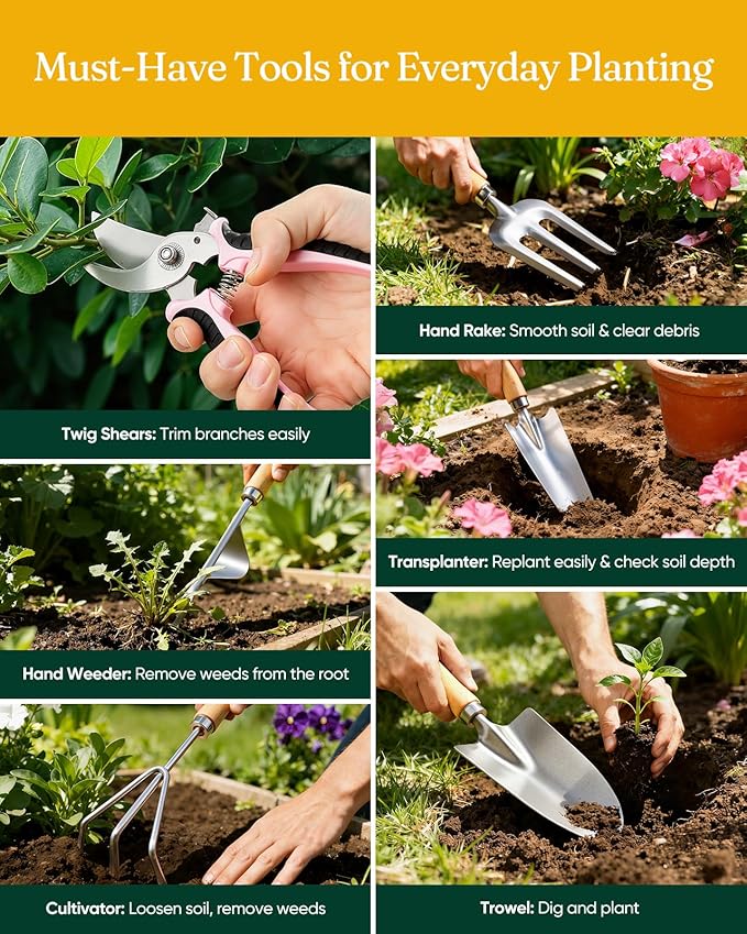 12-Piece Womens Gardening Tools Gift Set, Rust-Proof & Heavy-Duty Garden Tools with Durable Carrying Case, Fashionable & Thoughtful Gardening Gifts for Women&Men (Pink-Silver)