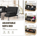 Shahoo Modern Linen Upholstered Convertible Folding Futon Sofa Bed with Removable Armrests, Metal Legs, 2 Cup Holders for Living Room, Black