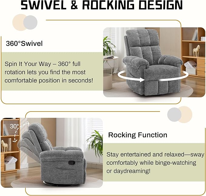 Recliner Chair, Swivel Rocker Recliner Chair for Adults, Small Recliners for Small Spaces, Manual Recliner with Side Pockets, Upholstered Nursery Rocking Chair for Living Room, Chenille, Grey