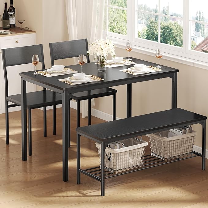DUMOS Dining Table, Dining Table Set for 4 with Bench, Easy to Assemble Kitchen Table, Space-Saving Ideal 4-Person Set for Dining Room Kitchen Apartment Corner Black 4 Pack